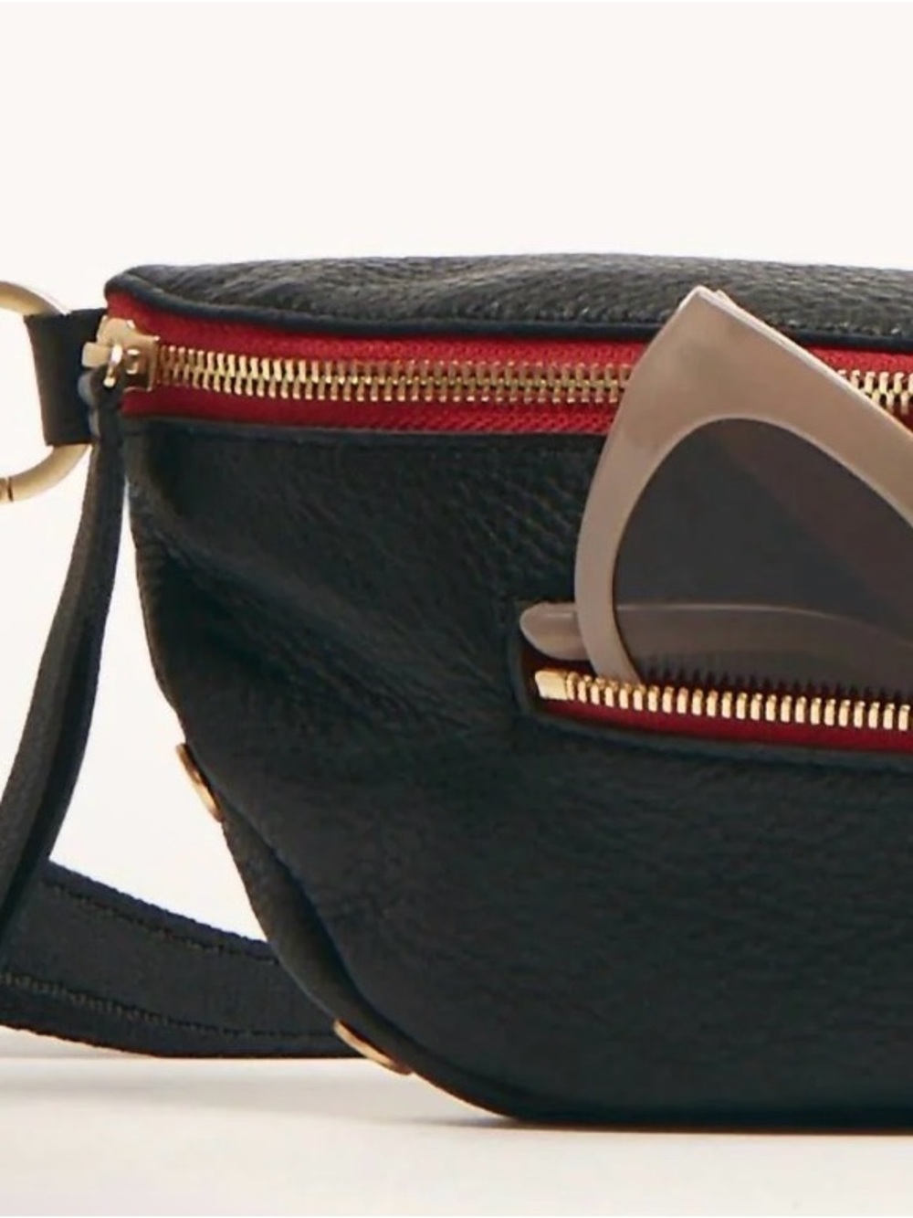Hammitt Charles Lrg Black/Brushed Gold Leather Crossbody Belt Bag with Red-Trim - Picture 3 of 12